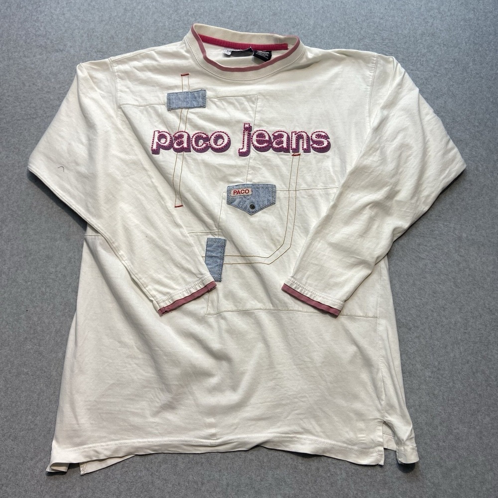 Vintage Paco‎ Jeans White Shirt Long Sleeve Size L Streetwear Skater Embroidered